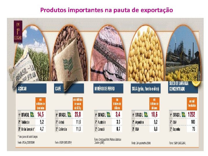 Produtos importantes na pauta de exportação 