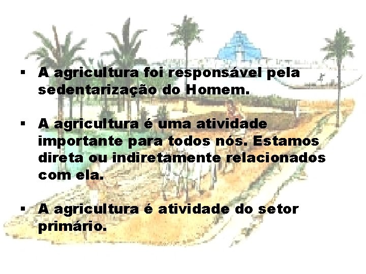 § A agricultura foi responsável pela sedentarização do Homem. § A agricultura é uma