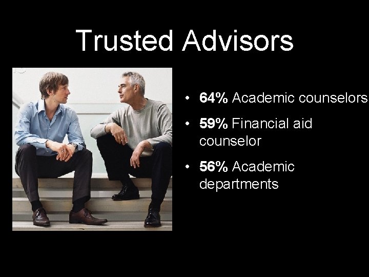 Trusted Advisors • 64% Academic counselors • 59% Financial aid counselor • 56% Academic