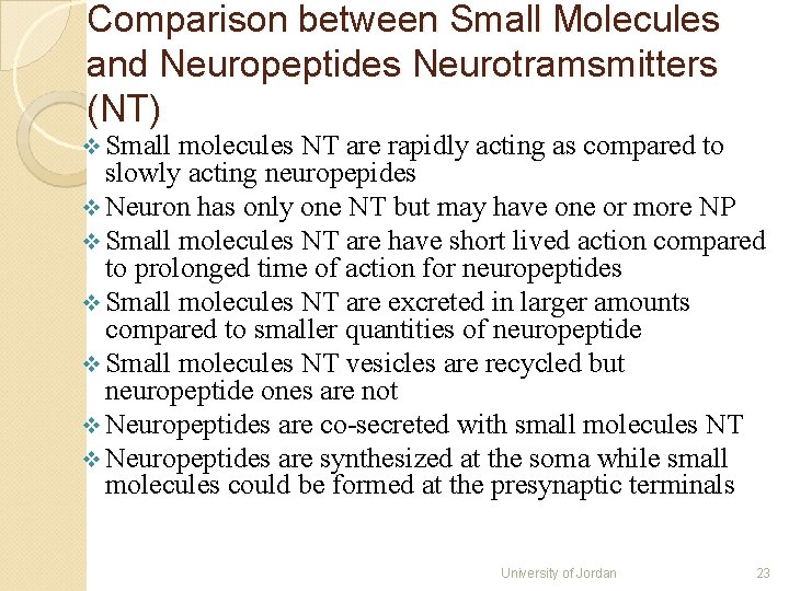 Comparison between Small Molecules and Neuropeptides Neurotramsmitters (NT) v Small molecules NT are rapidly Comparison between Small Molecules and Neuropeptides Neurotramsmitters (NT) v Small molecules NT are rapidly