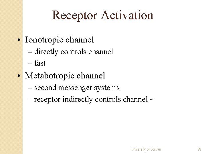 Receptor Activation • Ionotropic channel – directly controls channel – fast • Metabotropic channel Receptor Activation • Ionotropic channel – directly controls channel – fast • Metabotropic channel