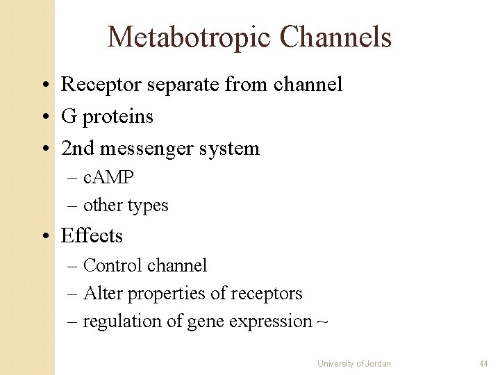Metabotropic Channels • Receptor separate from channel • G proteins • 2 nd messenger Metabotropic Channels • Receptor separate from channel • G proteins • 2 nd messenger