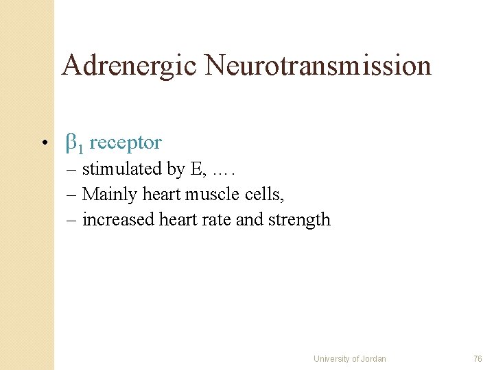 Adrenergic Neurotransmission • 1 receptor – stimulated by E, …. – Mainly heart muscle Adrenergic Neurotransmission • 1 receptor – stimulated by E, …. – Mainly heart muscle