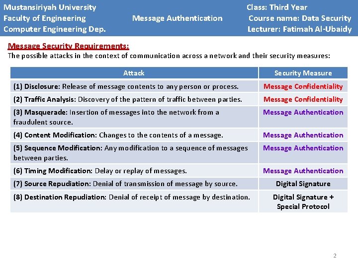 Mustansiriyah University Faculty of Engineering Computer Engineering Dep. Message Authentication Class: Third Year Course