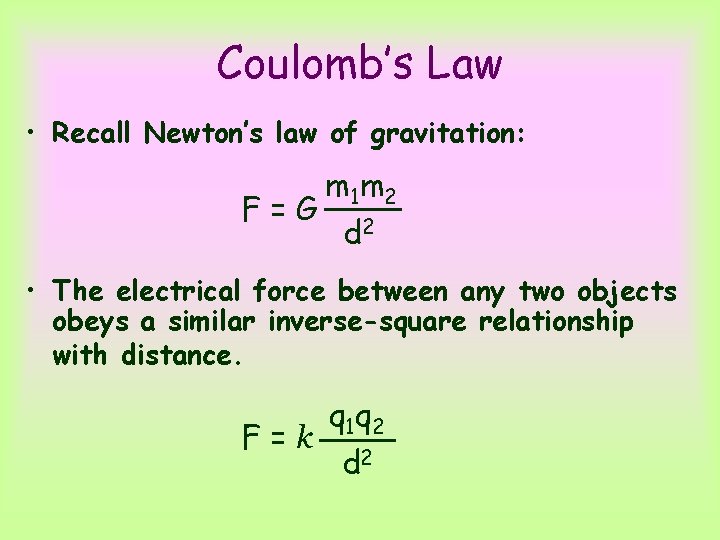 Coulomb’s Law • Recall Newton’s law of gravitation: F=G m 1 m 2 d