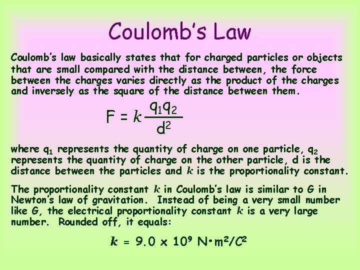 Coulomb’s Law Coulomb’s law basically states that for charged particles or objects that are