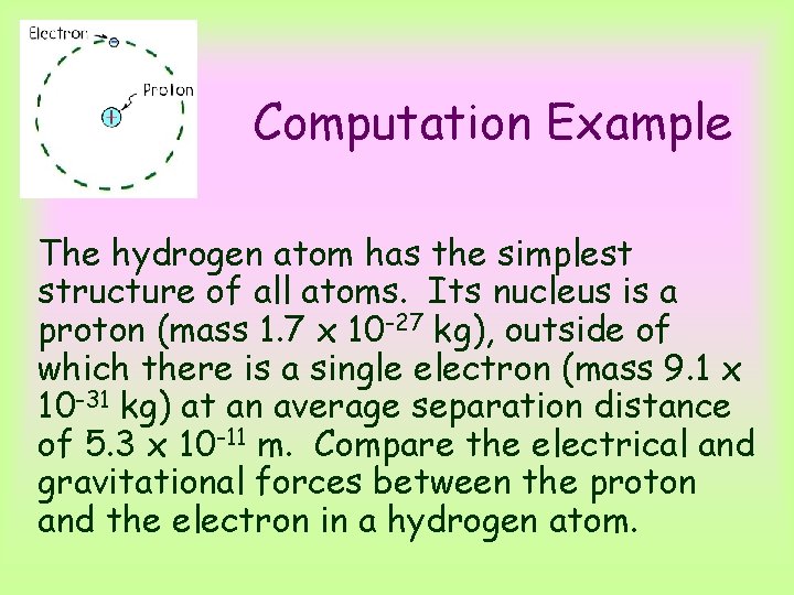 Computation Example The hydrogen atom has the simplest structure of all atoms. Its nucleus