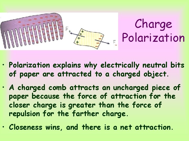 Charge Polarization • Polarization explains why electrically neutral bits of paper are attracted to