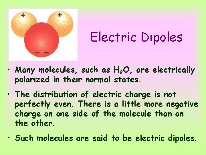 Electric Dipoles • Many molecules, such as H 2 O, are electrically polarized in