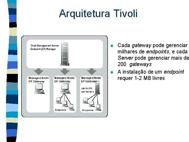 Arquitetura Tivoli n n Cada gateway pode gerenciar milhares de endpoints, e cada Server