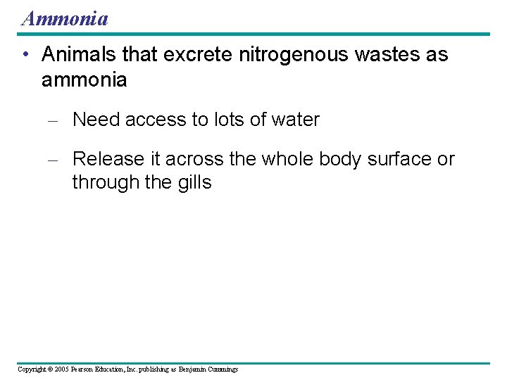 Ammonia • Animals that excrete nitrogenous wastes as ammonia – Need access to lots