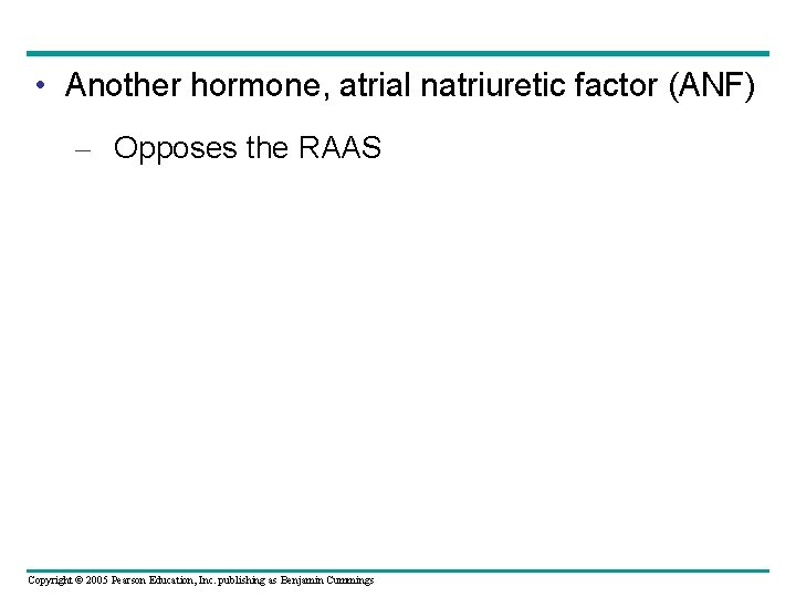  • Another hormone, atrial natriuretic factor (ANF) – Opposes the RAAS Copyright ©