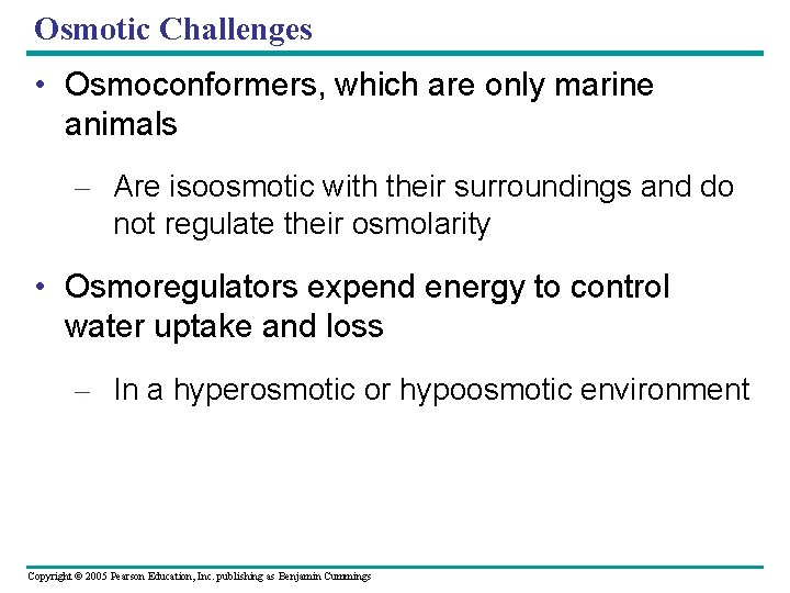 Osmotic Challenges • Osmoconformers, which are only marine animals – Are isoosmotic with their