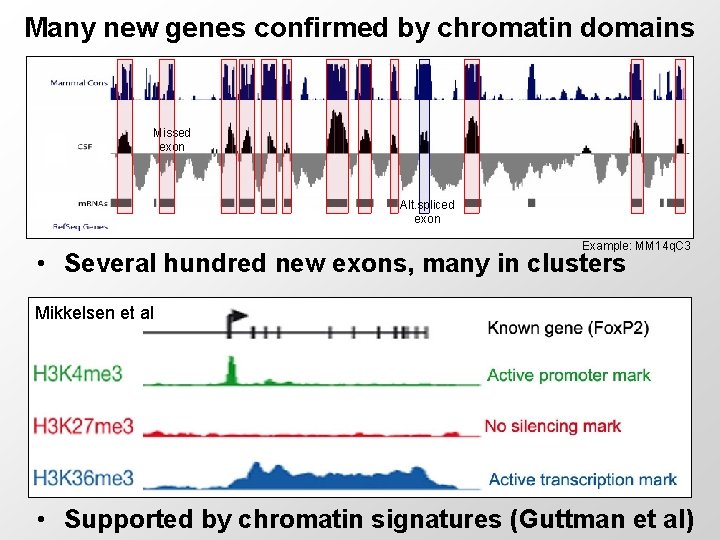 Many new genes confirmed by chromatin domains Missed exon Alt. spliced exon Example: MM