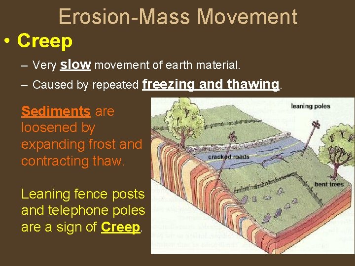 Erosion-Mass Movement • Creep – Very slow movement of earth material. – Caused by