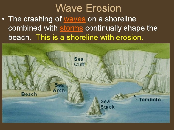 Wave Erosion • The crashing of waves on a shoreline combined with storms continually