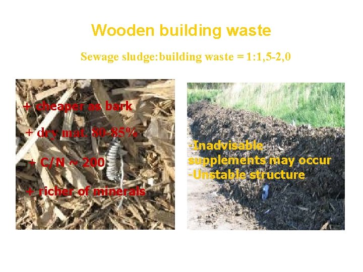 Wooden building waste Sewage sludge: building waste = 1: 1, 5 -2, 0 +