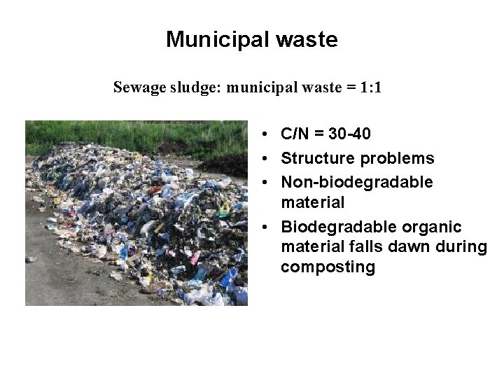 Municipal waste Sewage sludge: municipal waste = 1: 1 • C/N = 30 -40