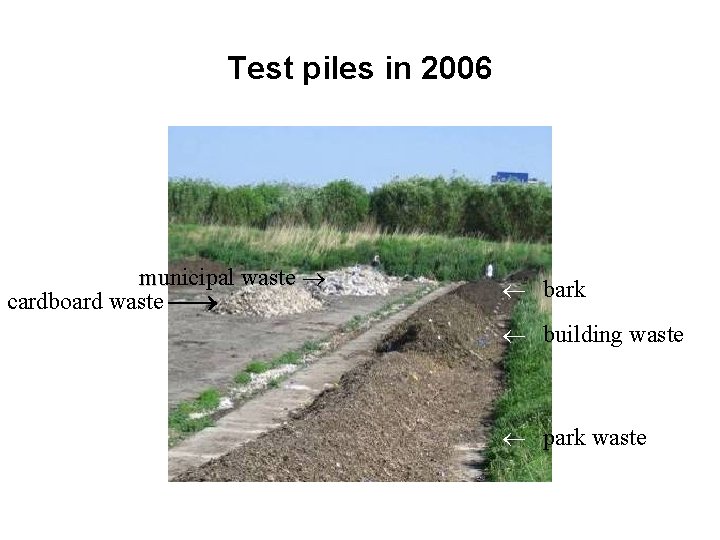 Test piles in 2006 municipal waste cardboard waste bark building waste park waste 