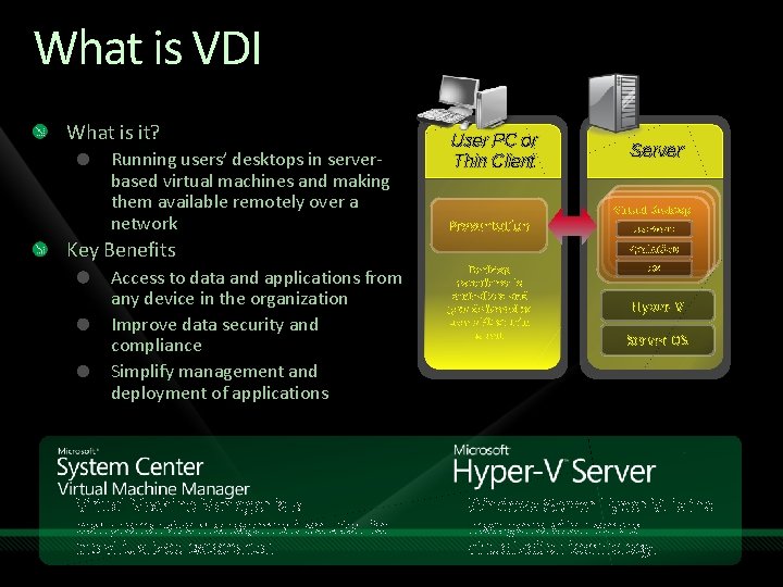 What is VDI What is it? Running users’ desktops in serverbased virtual machines and