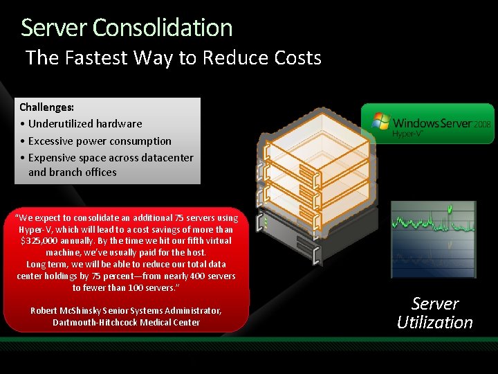 Server Consolidation The Fastest Way to Reduce Costs Challenges: • Underutilized hardware • Excessive