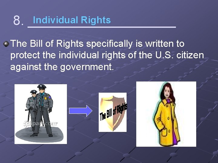Individual Rights 8. __________ The Bill of Rights specifically is written to protect the