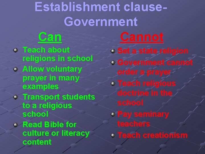 Establishment clause. Government Cannot Teach about religions in school Allow voluntary prayer in many
