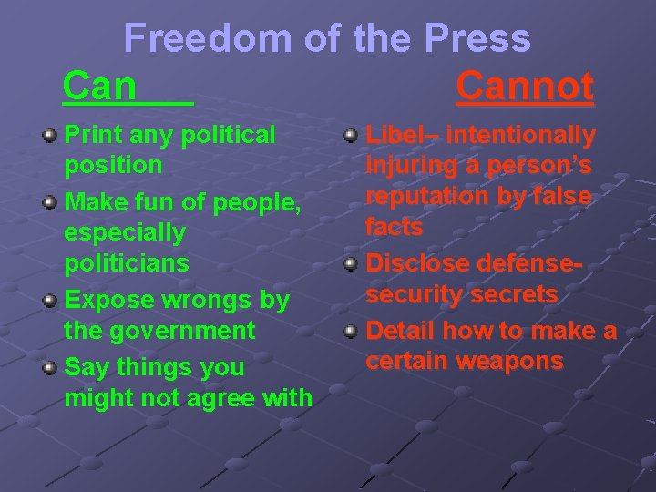 Freedom of the Press Cannot Print any political position Make fun of people, especially