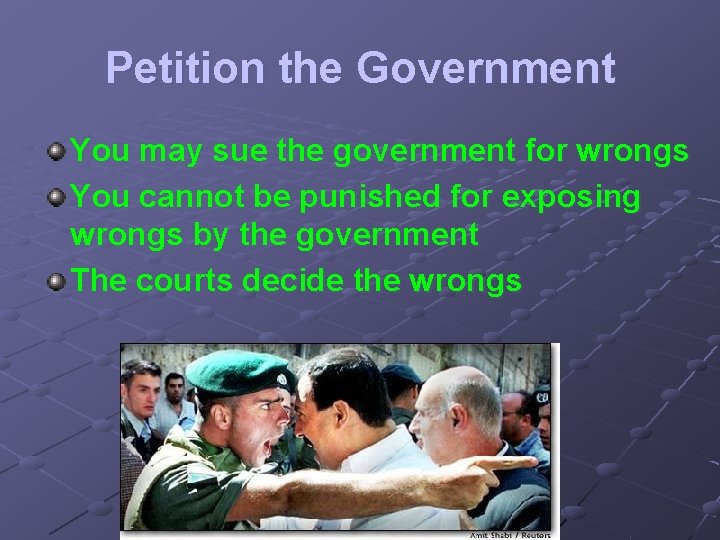 Petition the Government You may sue the government for wrongs You cannot be punished