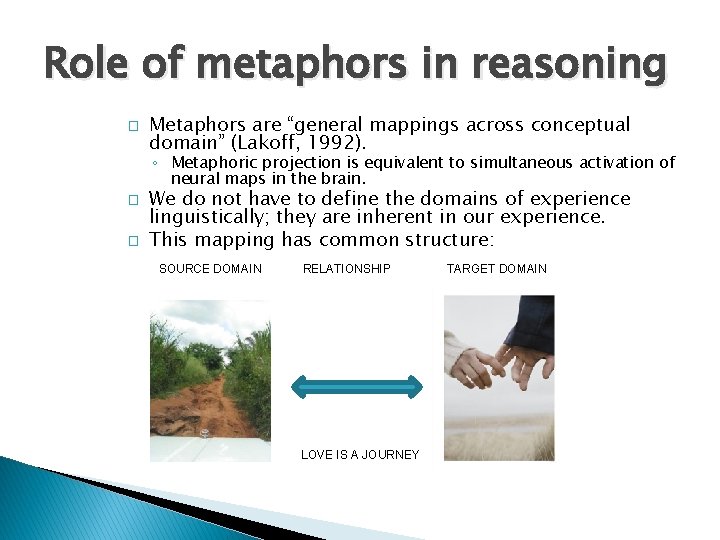 Role of metaphors in reasoning � Metaphors are “general mappings across conceptual domain” (Lakoff,