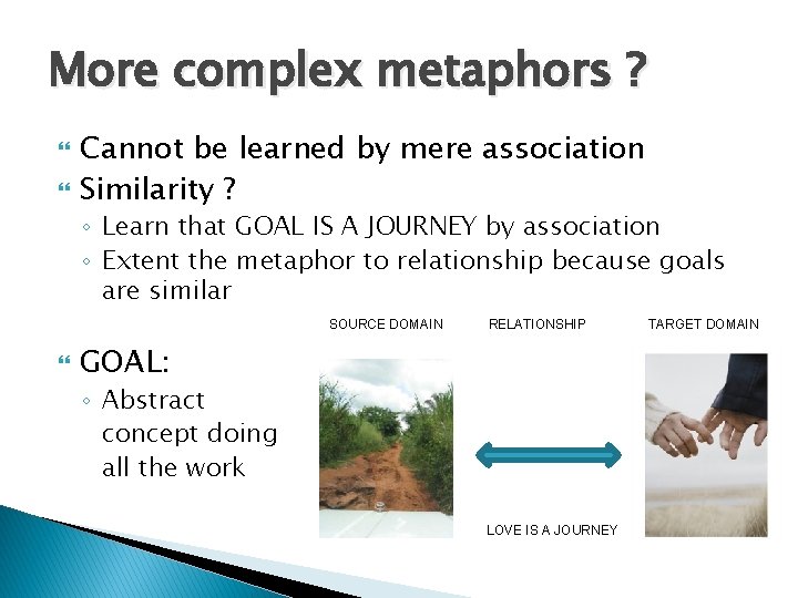 More complex metaphors ? Cannot be learned by mere association Similarity ? ◦ Learn