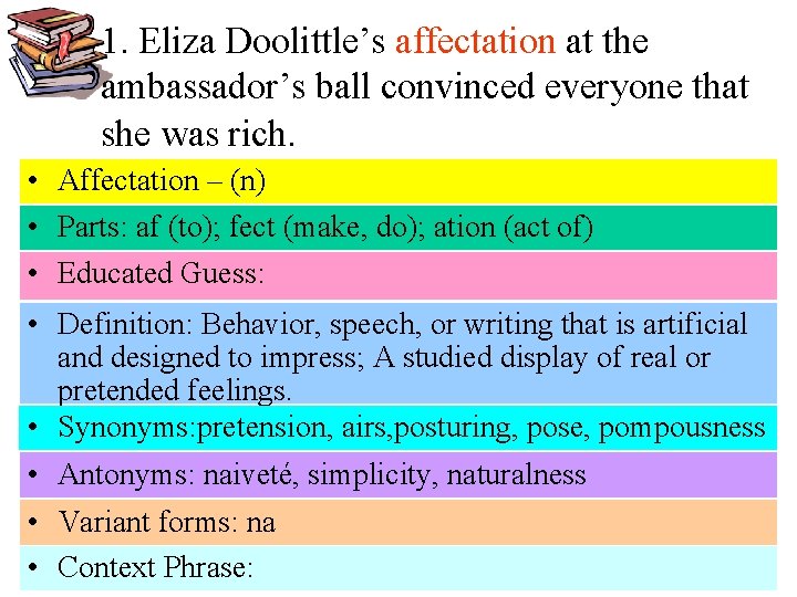 1. Eliza Doolittle’s affectation at the ambassador’s ball convinced everyone that she was rich.