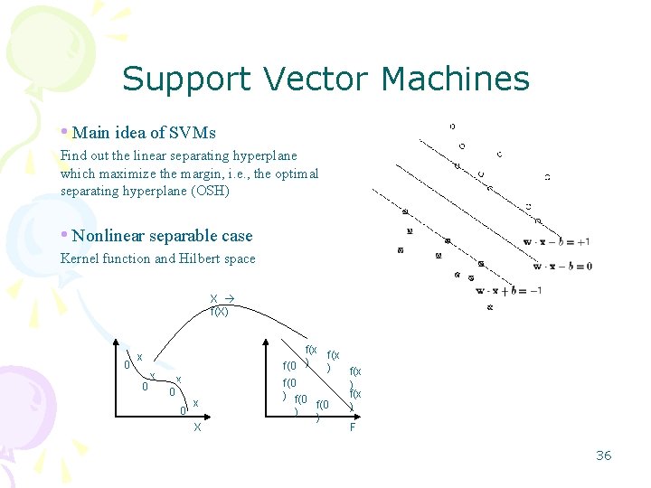 Support Vector Machines • Main idea of SVMs Find out the linear separating hyperplane Support Vector Machines • Main idea of SVMs Find out the linear separating hyperplane