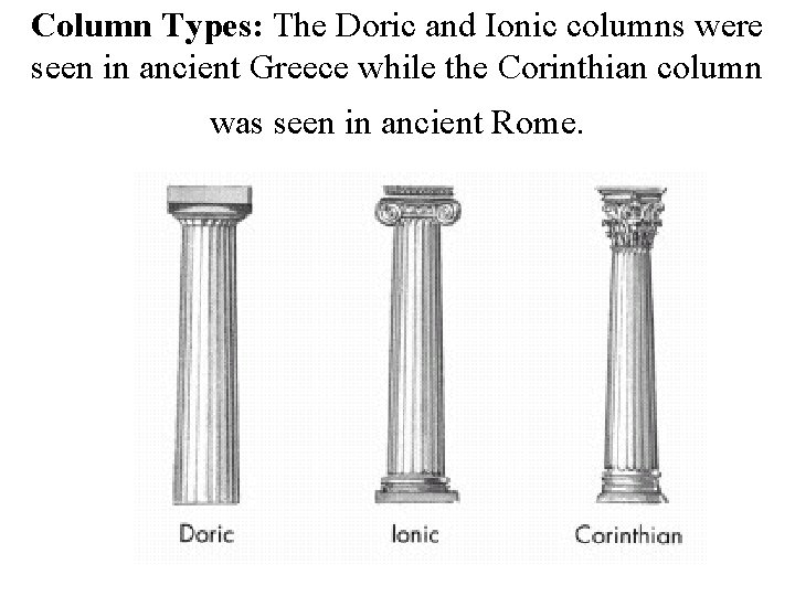 Column Types: The Doric and Ionic columns were seen in ancient Greece while the Column Types: The Doric and Ionic columns were seen in ancient Greece while the