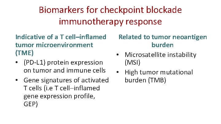 Biomarkers for checkpoint blockade immunotherapy response Indicative of a T cell–inflamed Related to tumor