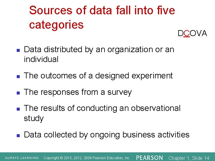 Sources of data fall into five categories n Data distributed by an organization or