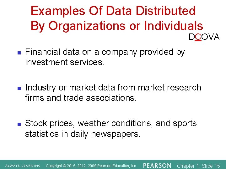 Examples Of Data Distributed By Organizations or Individuals DCOVA n n n Financial data