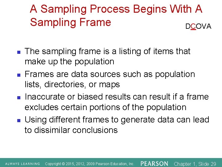 A Sampling Process Begins With A Sampling Frame DCOVA n n The sampling frame