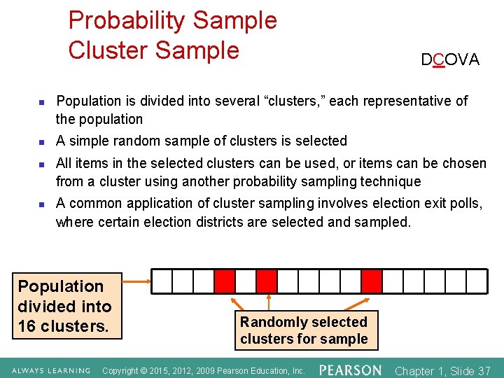 Probability Sample Cluster Sample n n DCOVA Population is divided into several “clusters, ”