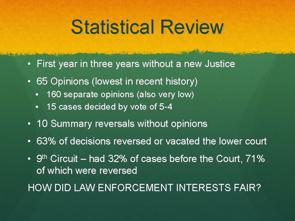Statistical Review • First year in three years without a new Justice • 65