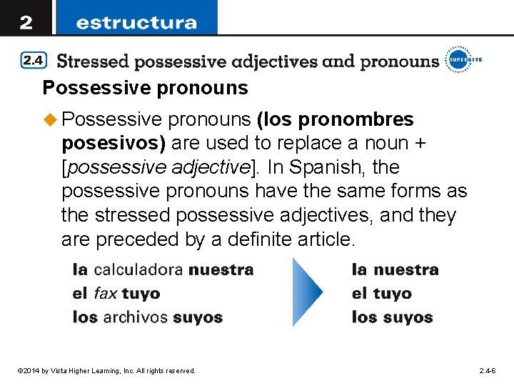 Possessive pronouns u Possessive pronouns (los pronombres posesivos) are used to replace a noun