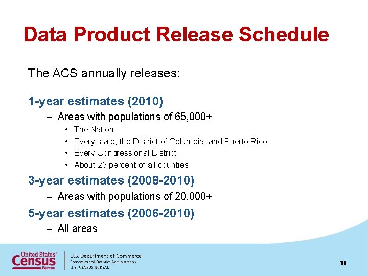 Data Product Release Schedule The ACS annually releases: 1 -year estimates (2010) – Areas