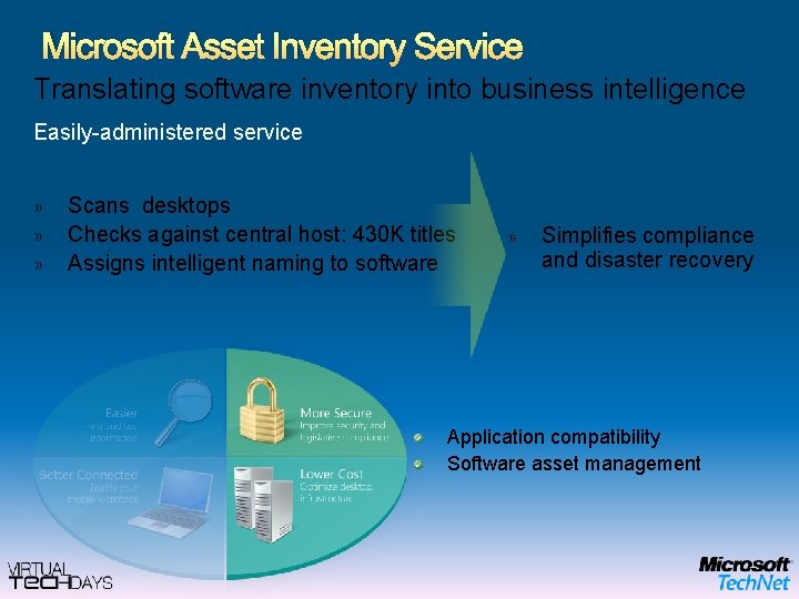 Microsoft Asset Inventory Service Translating software inventory into business intelligence Easily-administered service » »