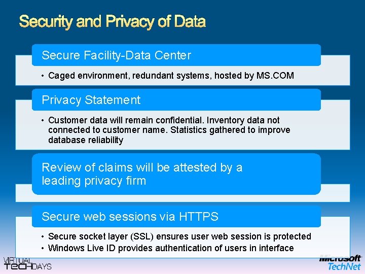 Security and Privacy of Data Secure Facility-Data Center • Caged environment, redundant systems, hosted