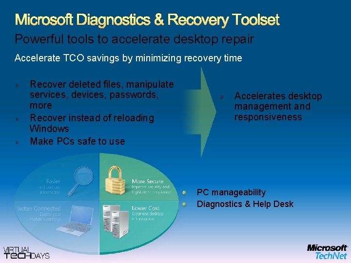Microsoft Diagnostics & Recovery Toolset Powerful tools to accelerate desktop repair Accelerate TCO savings