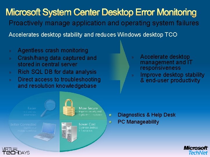 Microsoft System Center Desktop Error Monitoring Proactively manage application and operating system failures Accelerates