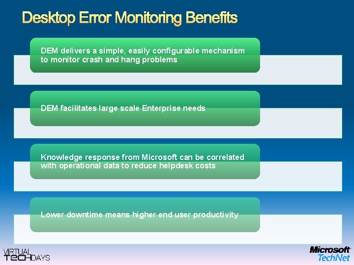 Desktop Error Monitoring Benefits DEM delivers a simple, easily configurable mechanism to monitor crash