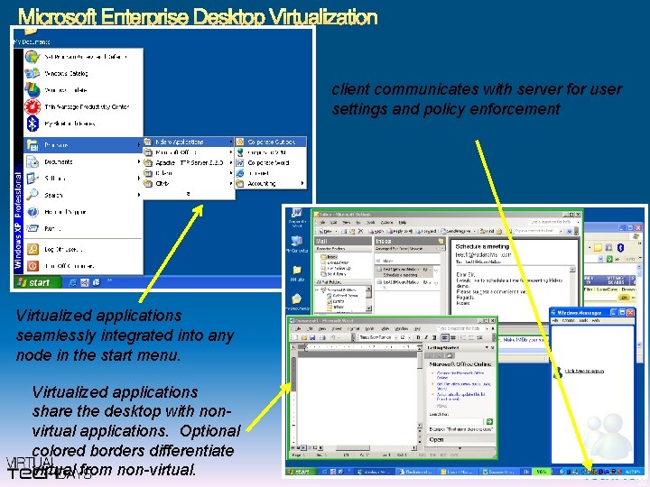 Microsoft Enterprise Desktop Virtualization client communicates with server for user settings and policy enforcement