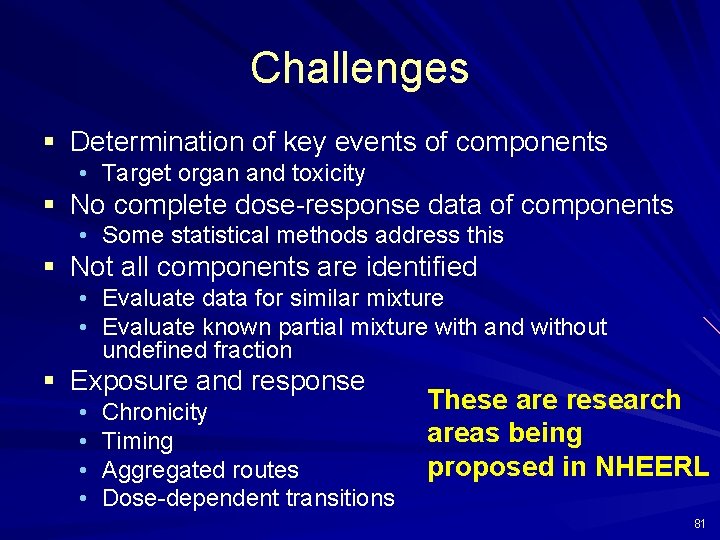 Challenges § Determination of key events of components • Target organ and toxicity §