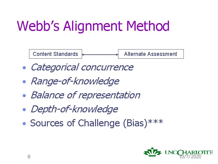 Webb’s Alignment Method Content Standards Alternate Assessment • Categorical concurrence • Range-of-knowledge • Balance